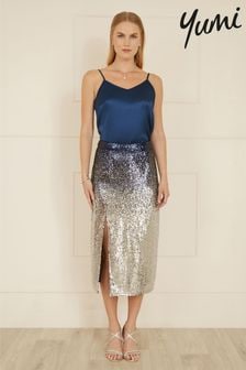 Yumi Blue Sequin Split Fitted Midi Skirt (AW3321) | $94