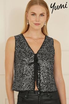 Yumi Black Sequin Tie Front Waistcoat (AW3327) | $86