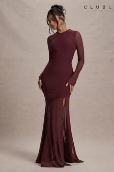 Club L London Red Tigerlily Mesh Long-Sleeve Open Back Maxi Dress (AW4142) | $146