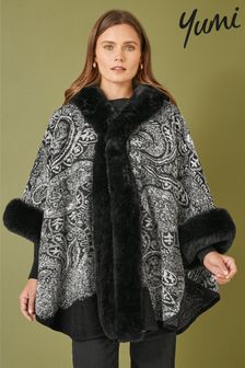 Yumi Faux Fur Trim Cape Poncho With Paisley Print (AW5796) | 2 975 K