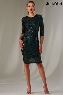 Jolie Moi Green 3/4 Sleeve Side Ruched Shift Dress (AW7204) | $134