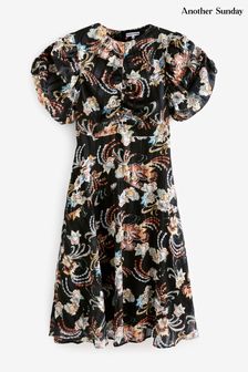 Another Sunday Lurex Floral Ruched Front Puff Sleeve Black Midi Dress (AW9610) | kr928