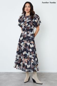 Another Sunday Lurex Floral Ruched Front Puff Sleeve Black Midi Dress (AW9610) | $111