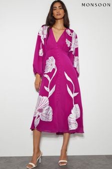 Monsoon Purple Talia Floral Applique Midi Tea Dress (AW9975) | $221