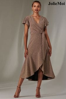 Jolie Moi Gold Marlie Metallic Angel Sleeves Maxi Dress (AY5549) | $135