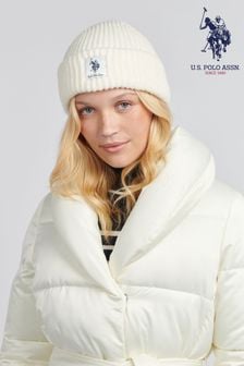 U.S. Polo Assn. White Womens Double Horsemen Woven Patch Beanie (AY6194) | SGD 39