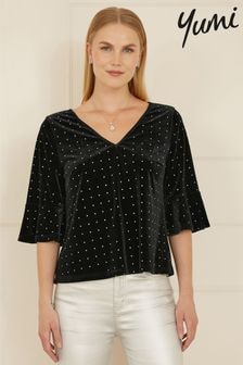 Yumi Black Relaxed Fit Stud Velvet Top With Fluted Sleeves (AY8526) | $86