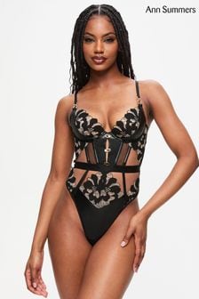 Ann Summers Black Dark Side Floral Embroidered And Faux Leather Crotchless Body (AY9597) | $65