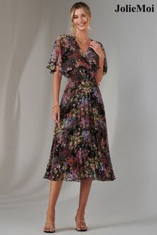 Jolie Moi Black Floral Print Chiffon Pleated Dress (AY9655) | €115