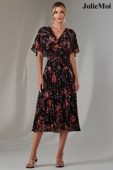 Jolie Moi Rich Black Floral Print Chiffon Pleated Dress (AY9656) | $129