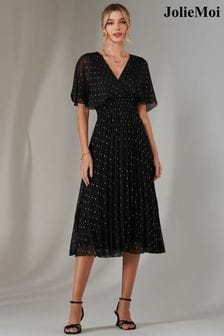 Jolie Moi Black Metallic Spot Chiffon Pleated Dress (AY9658) | $129