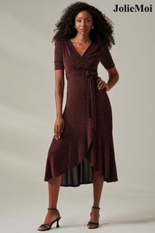 Jolie Moi Red Metallic Tie Waist Wrapped Maxi Dress (AY9659) | $135