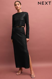 Black Mesh Sequin Midi Skirt (B00058) | $68