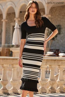 Sosandar Black Stripe Frill Detail Knitted Midi Dress (B00184) | €122