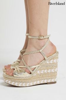 River Island Gold Stone Strappy Wedge Heeled Sandals (B00247) | kr779