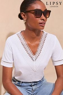 Lipsy White Crochet Trim V Neck T-Shirt (B00248) | LEI 177