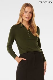 Forever New Green Olive Button Through Polo Jumper (B00409) | €82