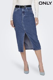 ONLY Blue Denim Midi Skirt With Front Split (B00528) | $88