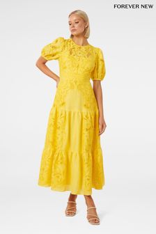 Forever New Yellow Pure Linen Lottie Broderie Midi Dress (B00616) | €301