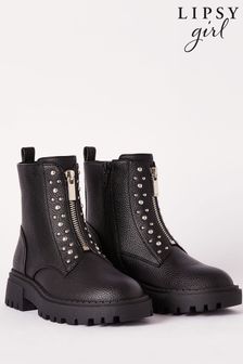 أسود - Lipsy Chunky Studded Zip Front Faux Leather Ankle Boot (B00633) | 16 د.ب - 18 د.ب