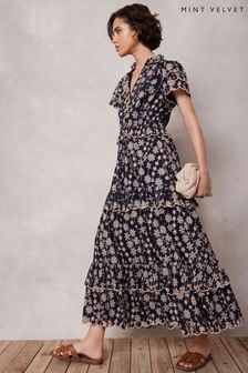 Mint Velvet Blue Navy Floral Print Maxi Dress (B01033) | AED826