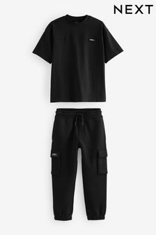 Black 100% Cotton Short Sleeve Utility T-Shirt and Joggers Set (3-16yrs) (B01248) | SGD 37 - SGD 52