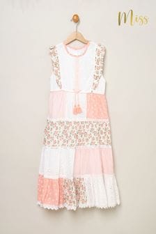 Miss Pink Cotton Patchwork Dress With Tassel Belt