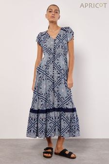 Apricot Blue Scarf Print Crochet Detail Maxi Dress (B01854) | SGD 95