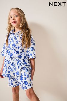 White/Blue Textured Shirt And Shorts Set (3-16yrs) (B01928) | €28 - €36