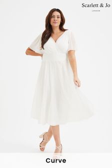 أبيض - فستان متوسط الطول شبكي بكم قصير انسيابي Victoria من Scarlett & Jo (B01948) | 444 د.إ