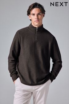 Brown Marl Long Sleeve Textured Quarter Zip Jumper (B02013) | $40