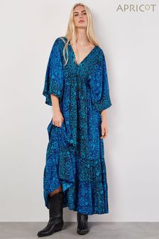 Apricot Blue Floral Satin Kimono Maxi Dress (B02117) | KRW85,400