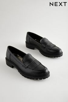 Black Premium Fringe Leather Chunky Loafers (B02239) | $91