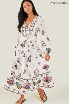 Accessorize Natural Fan Print Long Sleeve Tiered Dress
