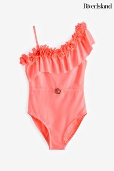 River Island Pink Girls 3D Floral Asym Swimsuit (B02939) | kr370