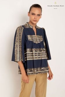 Greek Archaic Kori Blue 100% Cotton Embroidered Blouse (B04180) | $188