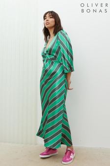 Oliver Bonas Green Diagonal Stripe Twist Midi Dress (B04322) | €106