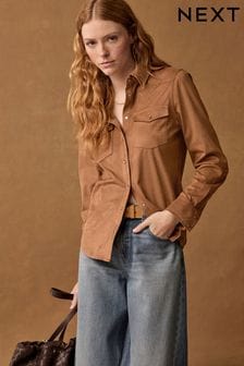 Tan Brown Long Sleeve Faux Suede Shirt (B04427) | 1,279 UAH