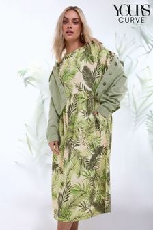 Yours Curve Green Tropical Print Pure Cotton Midaxi Dress (B04724) | AED177
