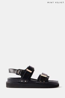 Mint Velvet Black Leather Chunky Sandals (B04776) | KRW232,700