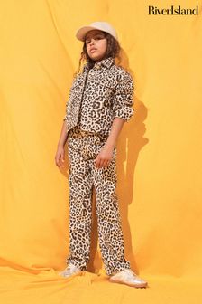 River Island Brown Straight Fit Girls Leopard Print Jeans (B04937) | KRW55,500