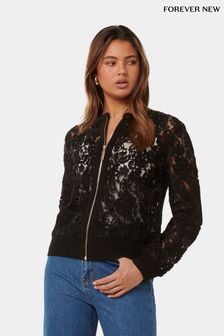 Forever New Black Riley Lace Mixed Knit Bomber Jacket (B05047) | €124