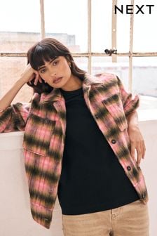 Pink/Brown Borg Brushcheck Shacket (B05462) | 270 zł