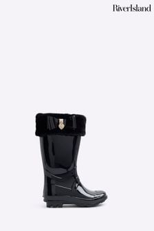 River Island Black Girls Fur Bow Wellie Boots (B05590) | $34