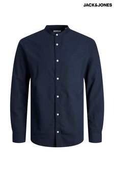 JACK & JONES Blue Linen Blend Grandad Collar Long Sleeve Shirt (B05675) | $48