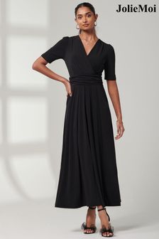 Jolie Moi Plain Jersey Wrap Front Maxi Black Dress