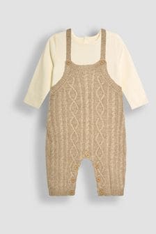 JoJo Maman Bébé Fawn Brown Cable Knit Dungarees & Top Baby Set (B06097) | kr670