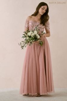 Maya Pink Embellished Sweetheart Bardot Maxi Bridesmaid Dress With Split (B06253) | €139