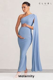 Club L London Blue Maternity Amaryllis One Shoulder Maxi Dress with Cape Sleeve (B06453) | ￥12,330