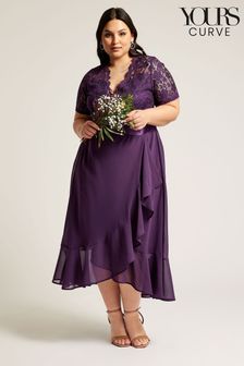 YOURS LONDON Curve Purple Lace Wrap Ruffle Midi Dress (B06478) | AED449